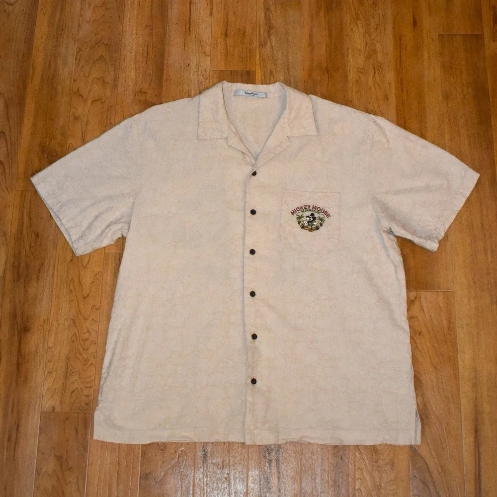 Disney Parks Mickey Mouse In Paradise Mens XL Tan Floral Jacquard Camp Shirt Exc